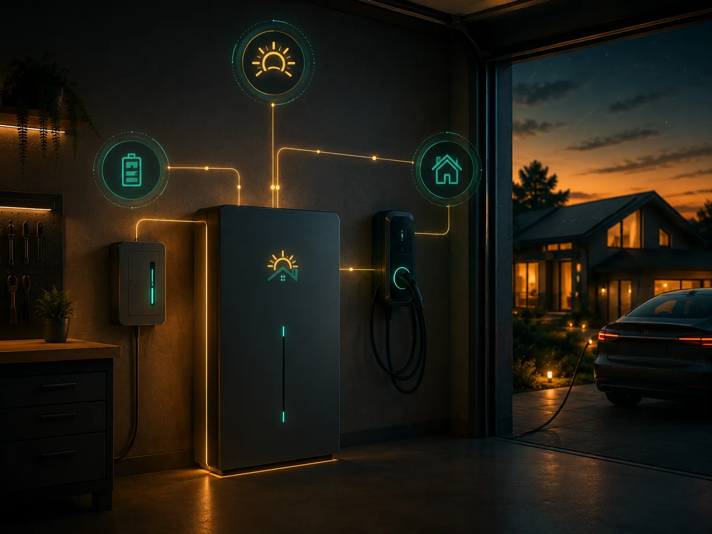 Garage battery system and EV charger with smart home energy flow visuals
