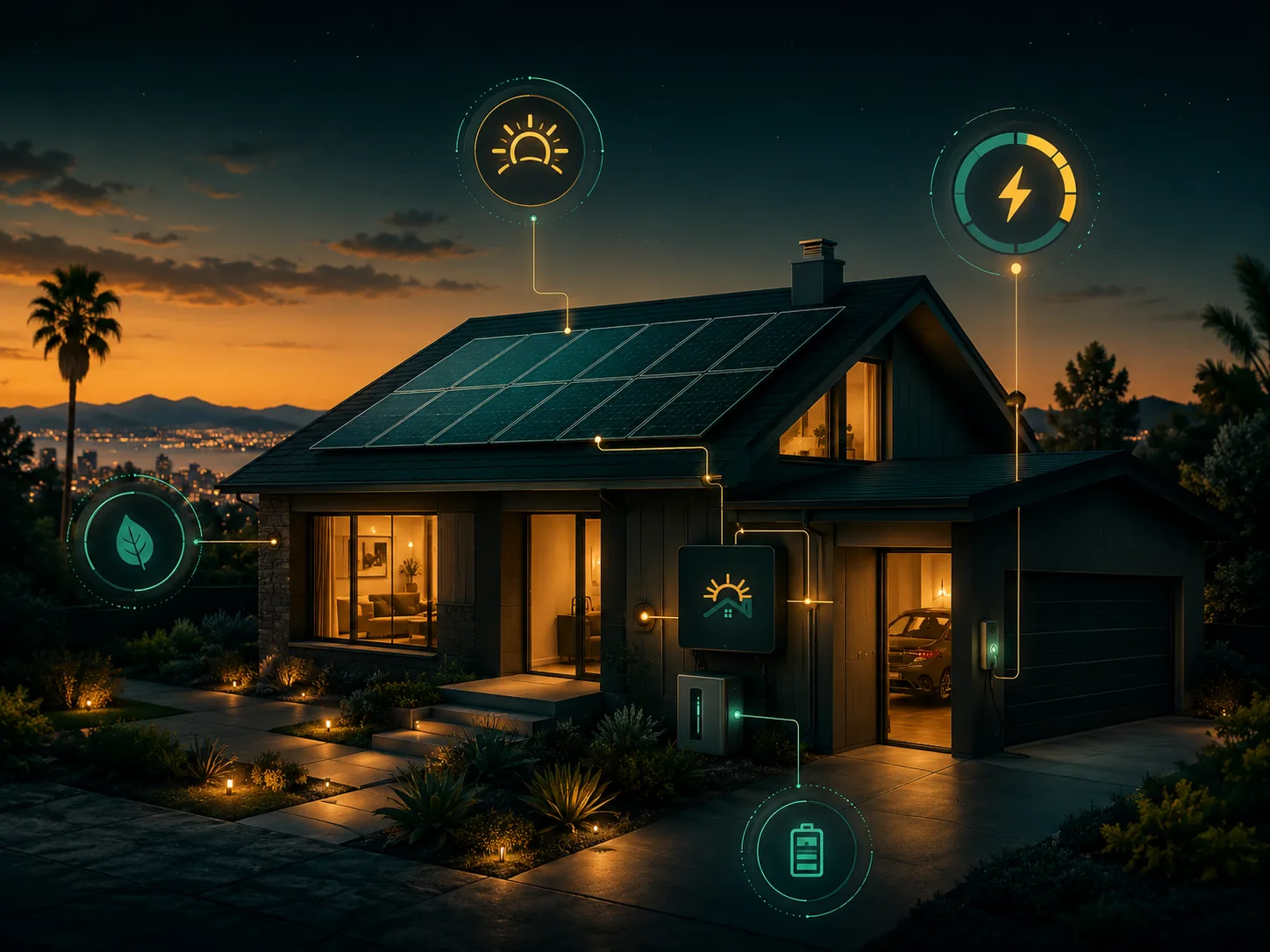 Modern home at dusk with rooftop solar, a battery system, and smart energy indicators