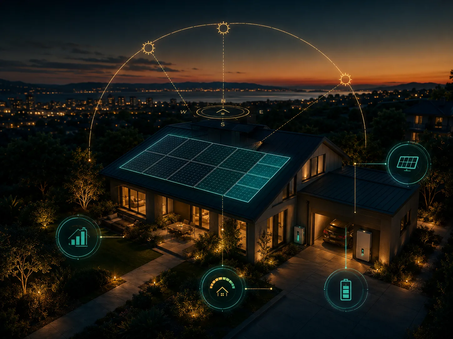 Modern solar home with roof orientation and sun path analysis overlay